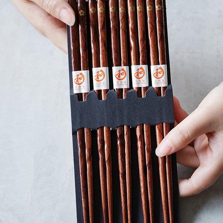 Wooden Chopsticks with Golden Sakura Motif, Set of 5 Pairs