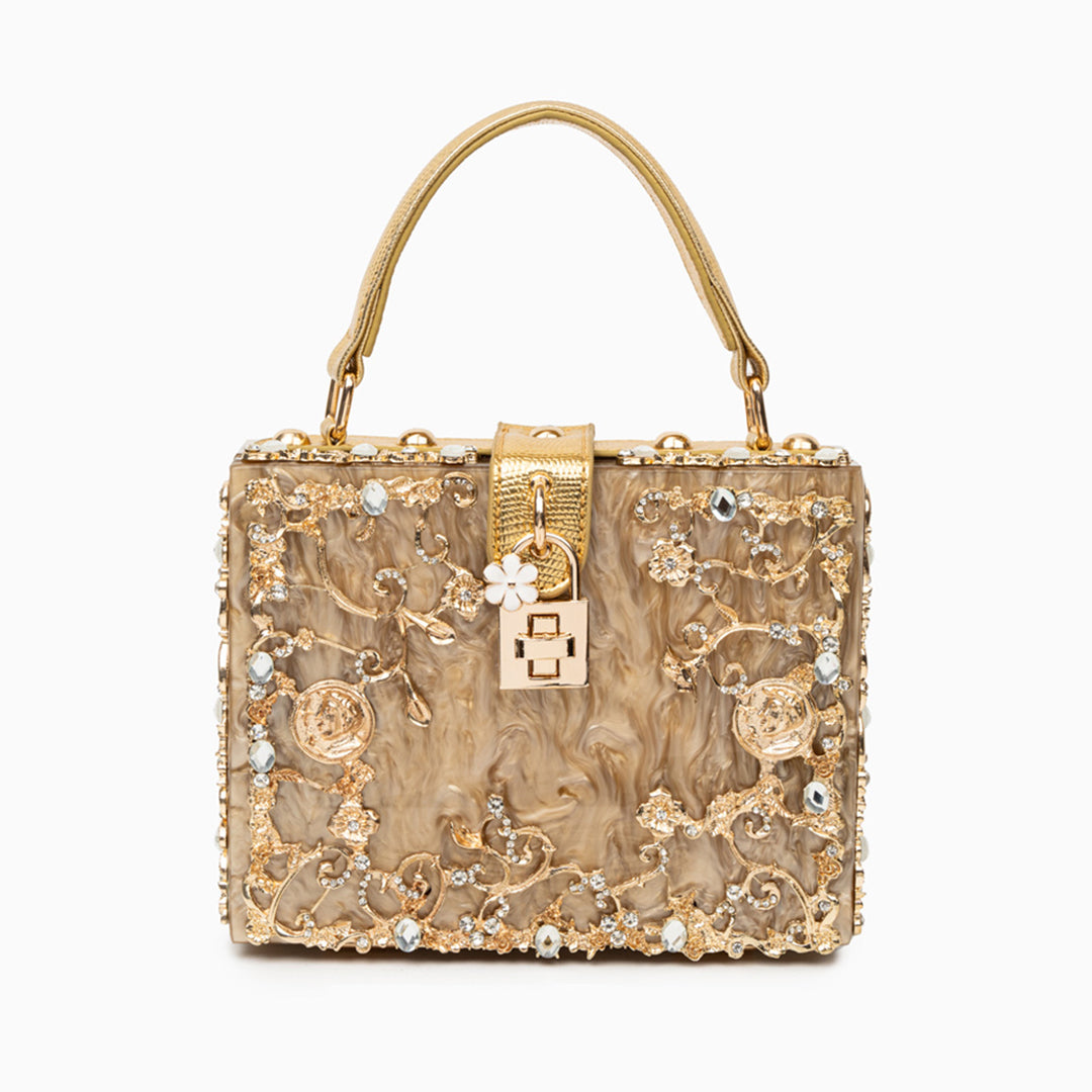 Sac boîte en acrylique à ornements floraux dorés