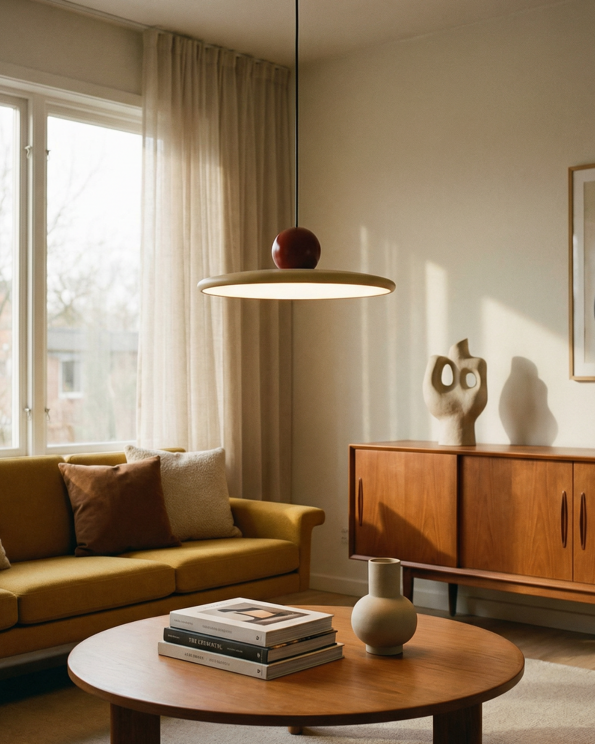 Suspension LED disque et sphère laquée, style Bauhaus