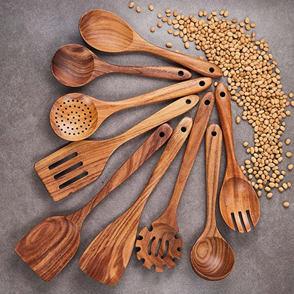 Natural Teak Wood Kitchen Utensil Set, 6 or 9 Pieces
