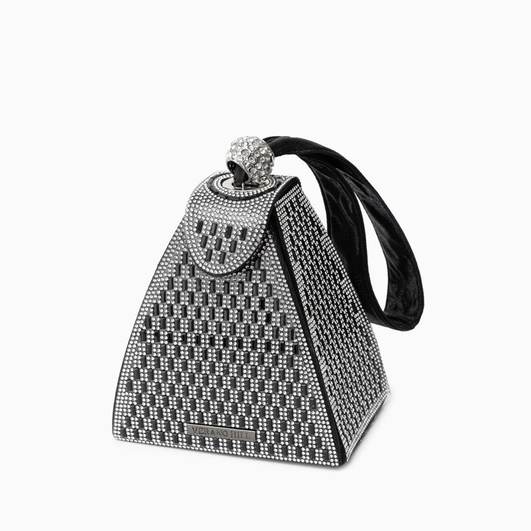 Sac à main pyramide à strass, anse en satin