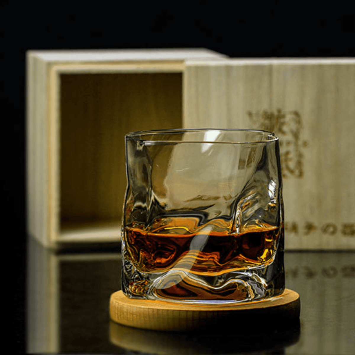 Cut-Glass Whisky Glass, Crumpled Design, Wooden Box
