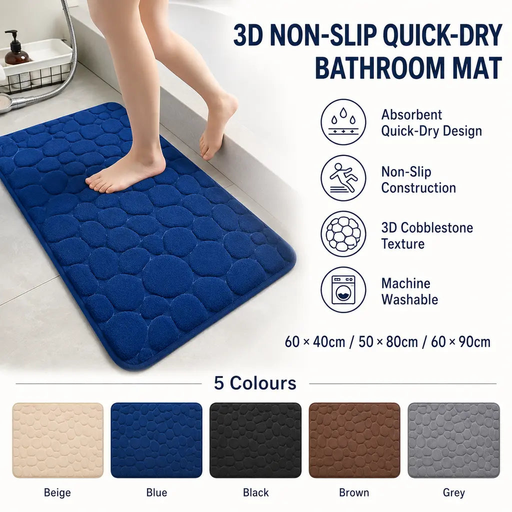 Tapis de bain antidérapant à séchage rapide, relief 3D
