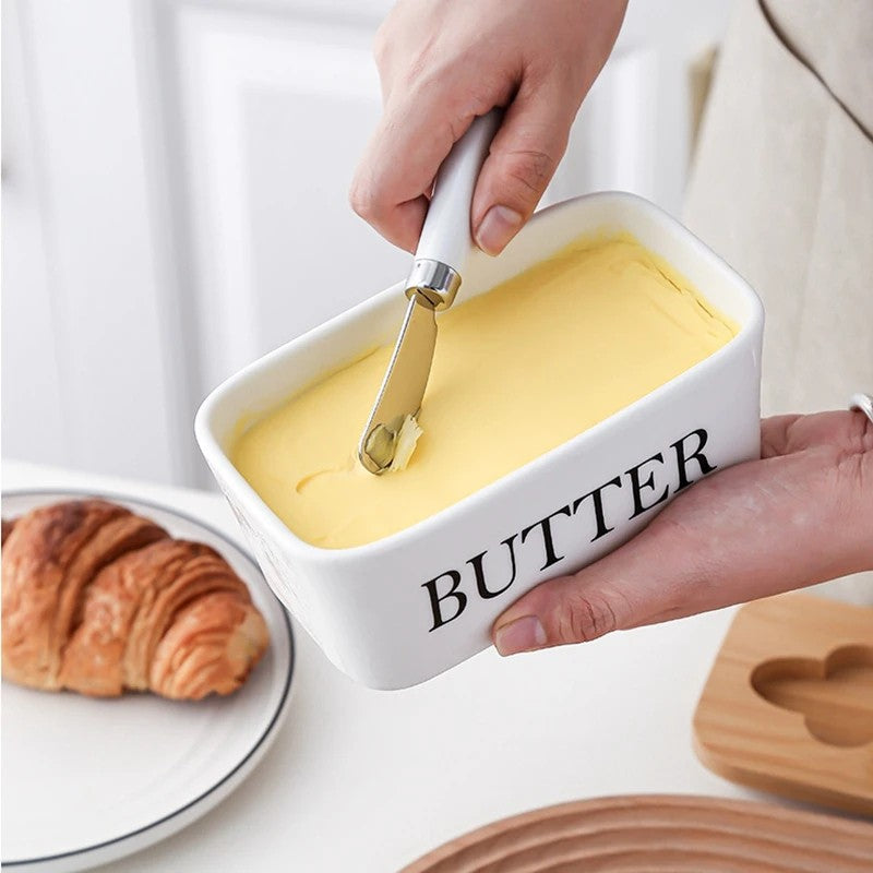 Ceramic and Bamboo Butter Dish with Knife