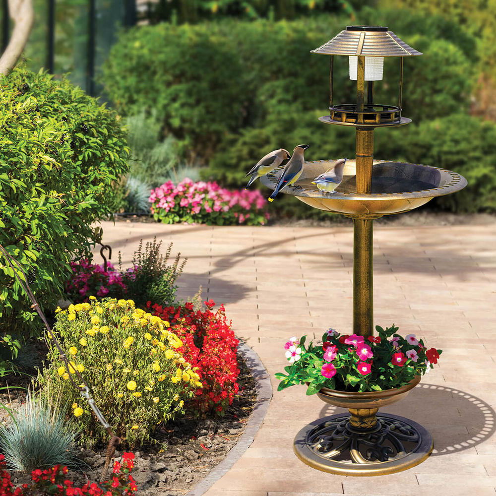Bain d'oiseaux solaire 4 en 1, mangeoire et jardinière