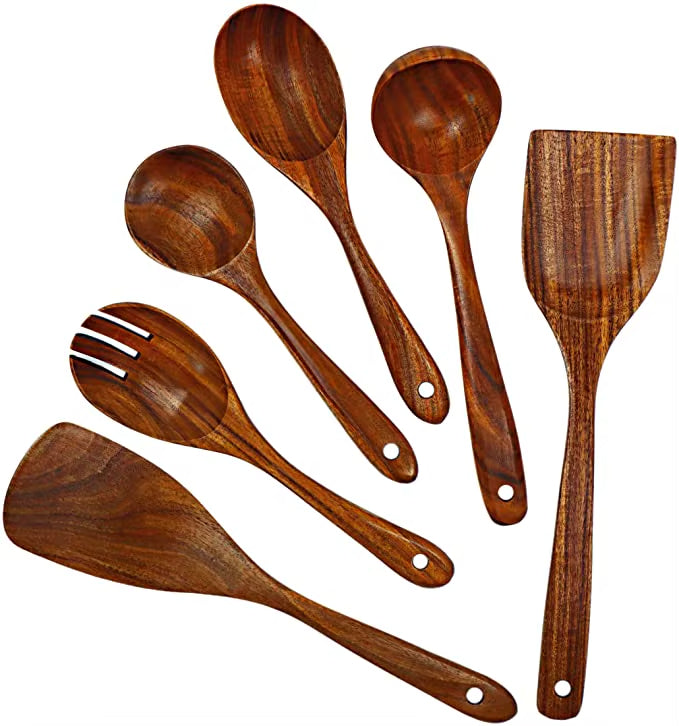 Natural Teak Wood Kitchen Utensil Set, 6 or 9 Pieces