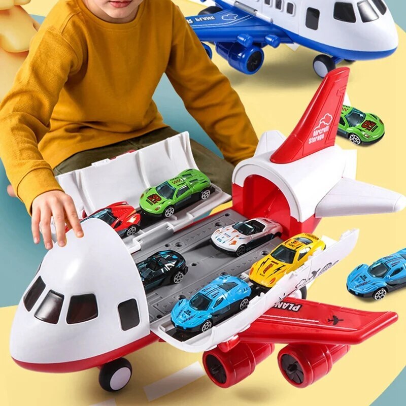 Grand avion jouet avec piste de course et 6 voitures