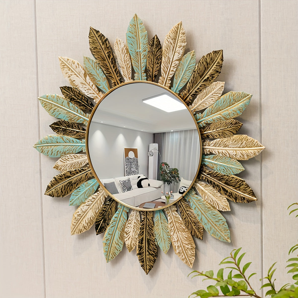 Teal and Gold Leaf Sunburst Wall Mirror in Metal