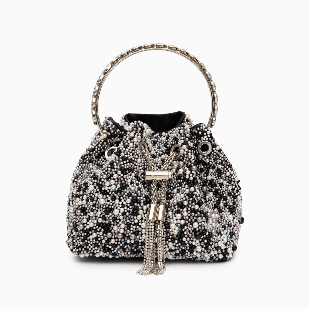 Sac seau à strass, perles et pompon métallique