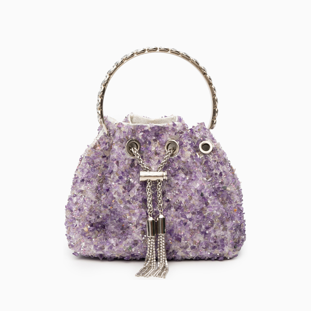 Sac seau à strass, perles et pompon métallique
