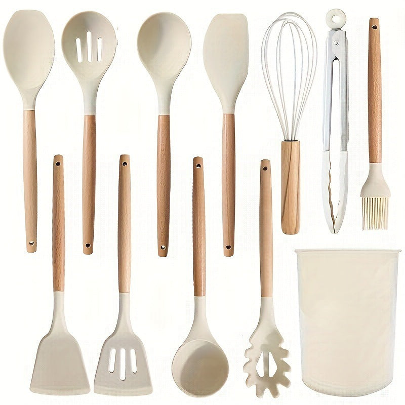 Set de 12 ustensiles en silicone, manches en bois
