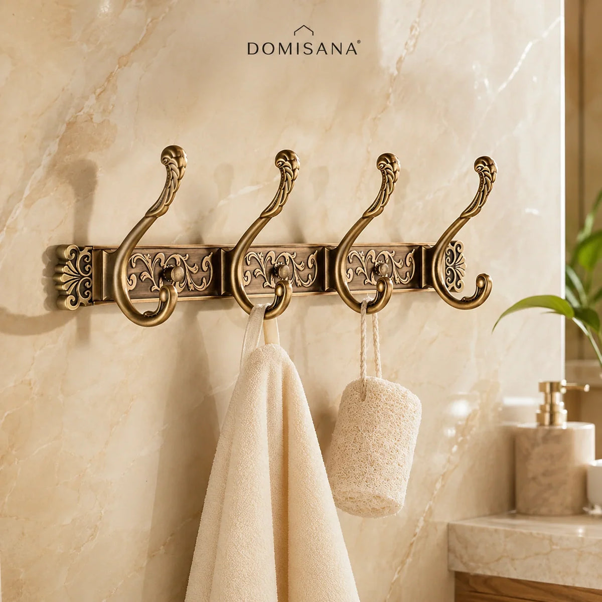 Wall Hook Rack with 5 Double Hooks, Antique Brass