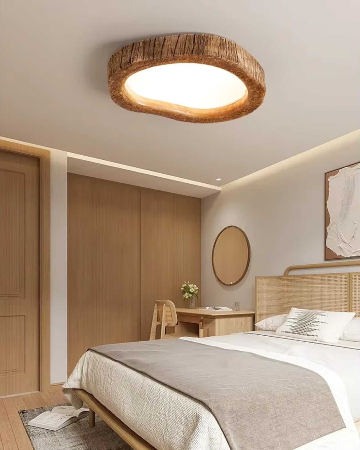Plafonnier LED en fer et verre, esprit bois naturel
