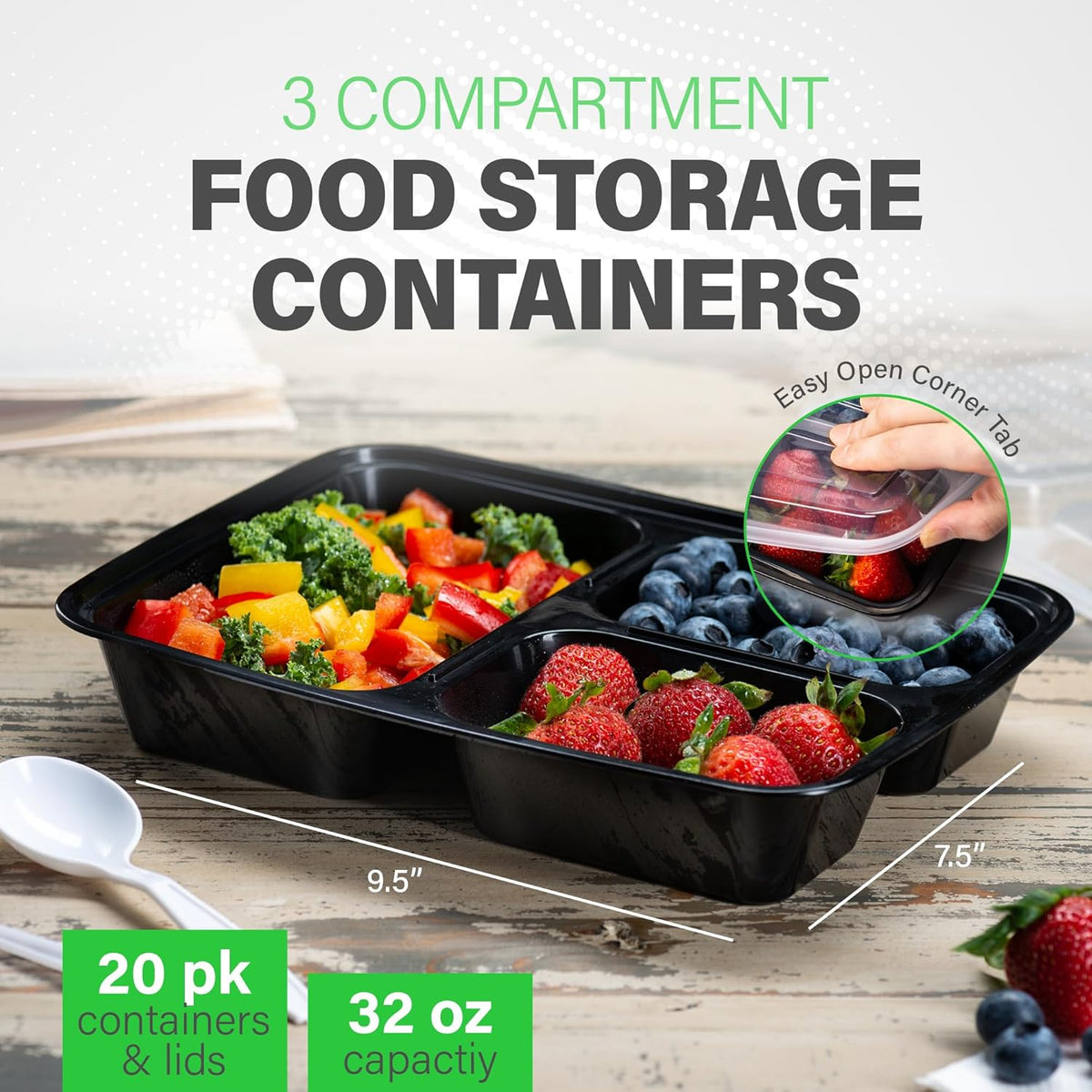 PrepMaster - Bento 3 Compartiments 900 ml (Lot de 20)