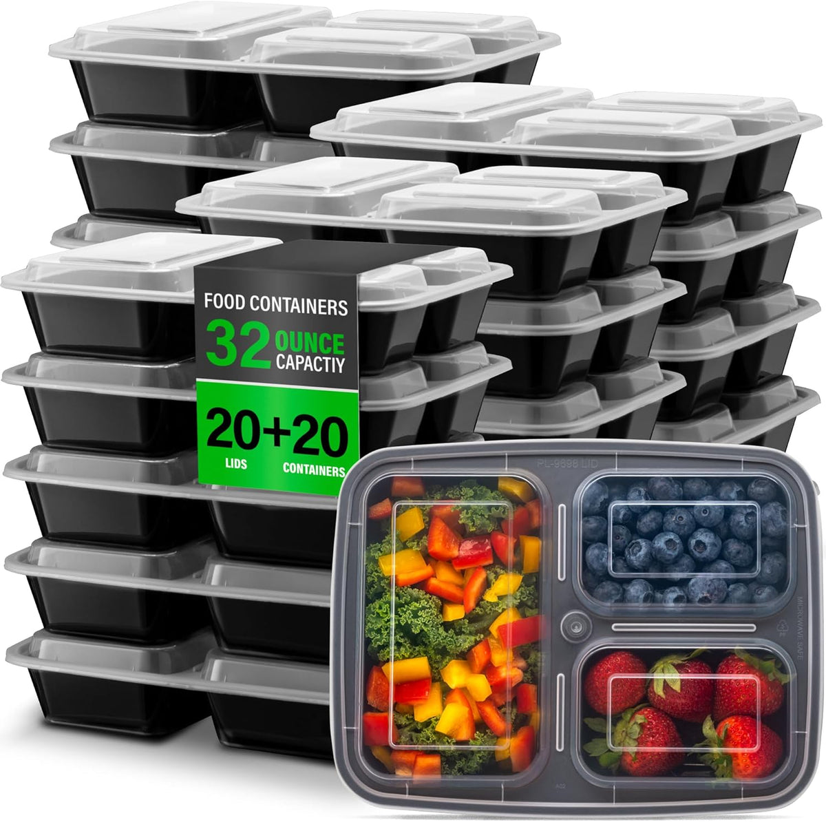 PrepMaster - Bento 3 Compartiments 900 ml (Lot de 20)