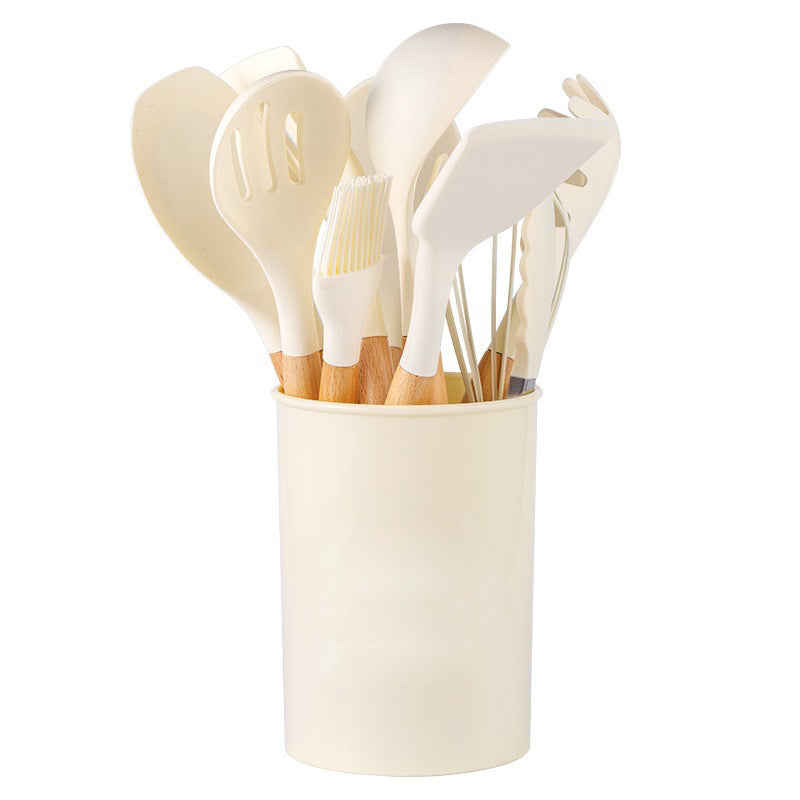 12-Piece Silicone Utensil Set with Wooden Handles