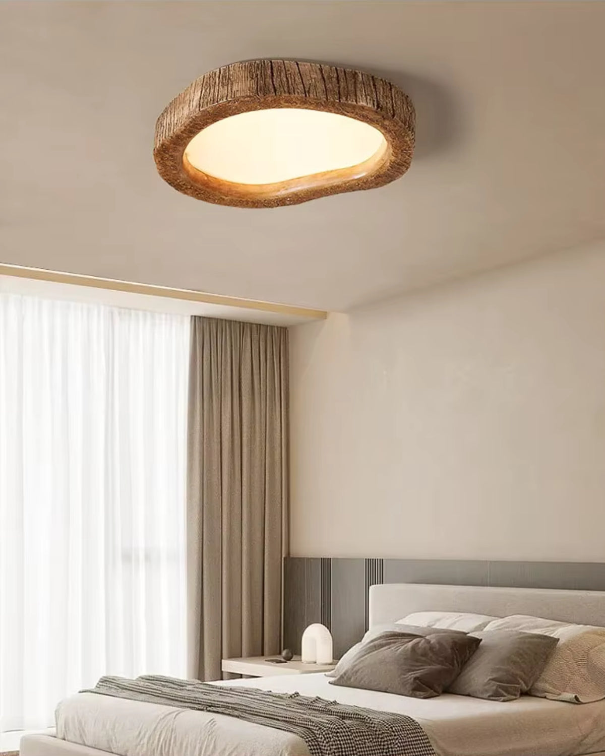 Plafonnier LED en fer et verre, esprit bois naturel