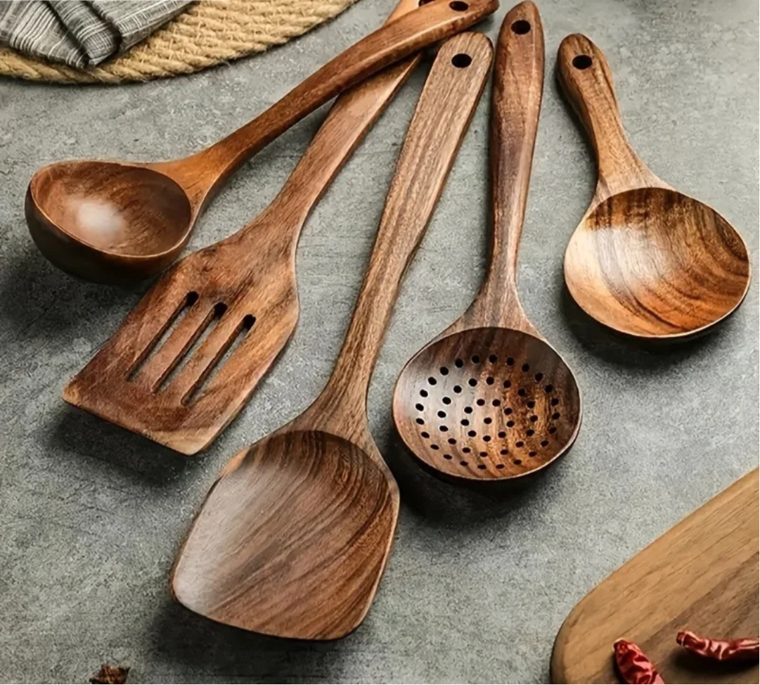 Natural Teak Wood Kitchen Utensil Set Eco-Friendly