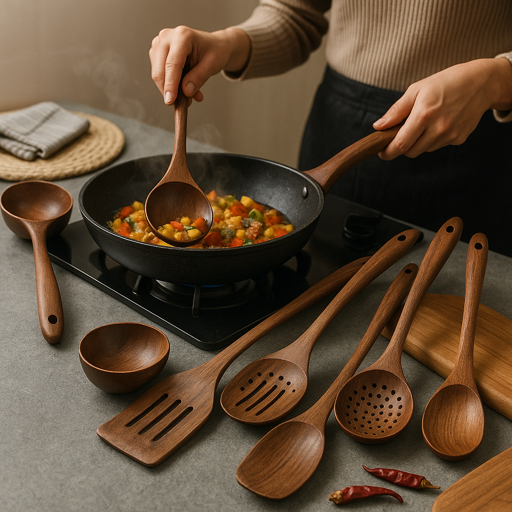 Natural Teak Wood Kitchen Utensil Set Eco-Friendly