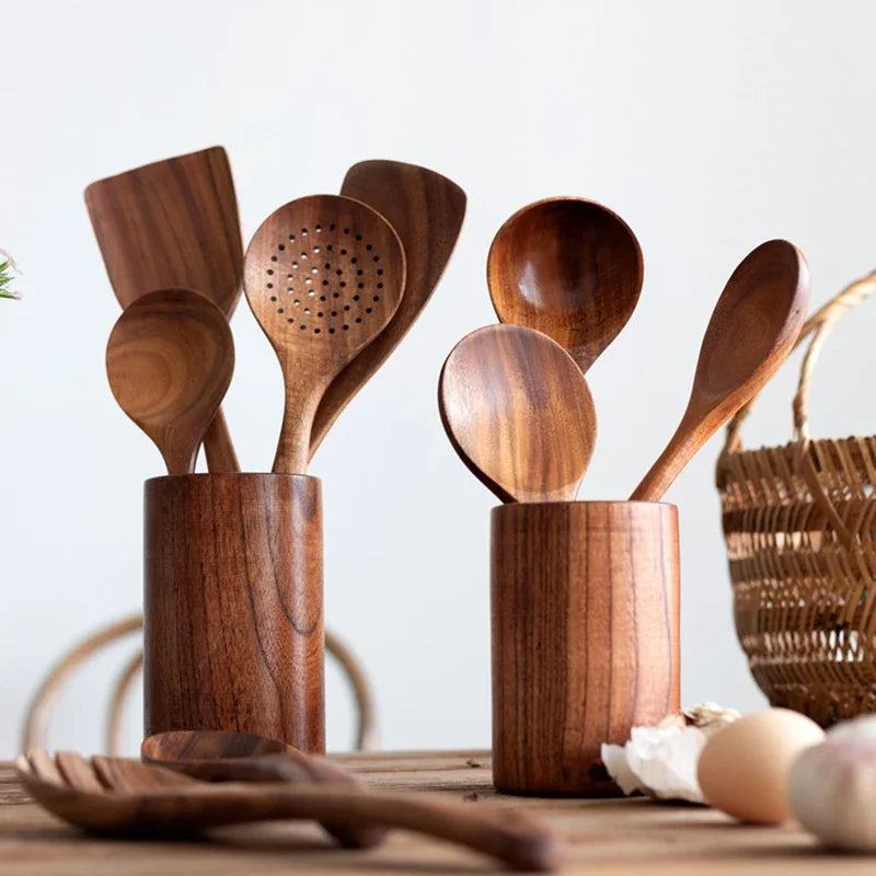 Natural Teak Wood Kitchen Utensil Set Eco-Friendly