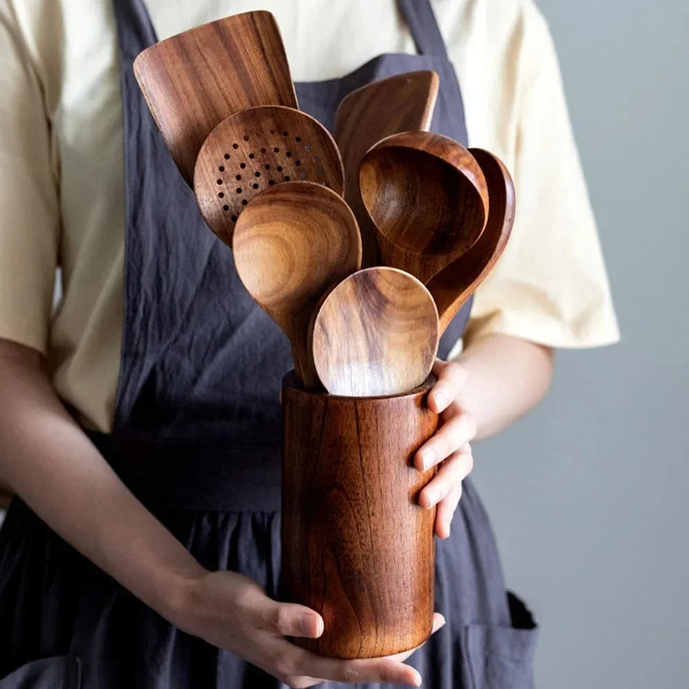 Natural Teak Wood Kitchen Utensil Set Eco-Friendly