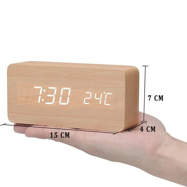 Wood-Effect LED Alarm Clock with Voice Control