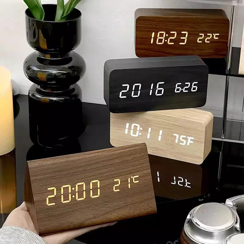 Wood-Effect LED Alarm Clock with Voice Control