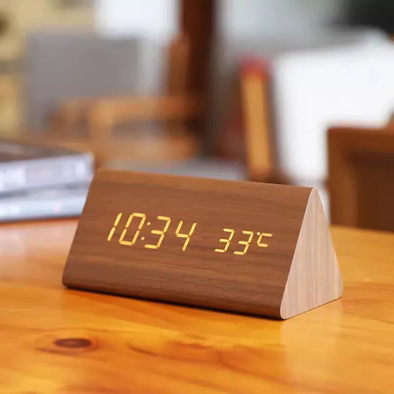 Wood-Effect LED Alarm Clock with Voice Control