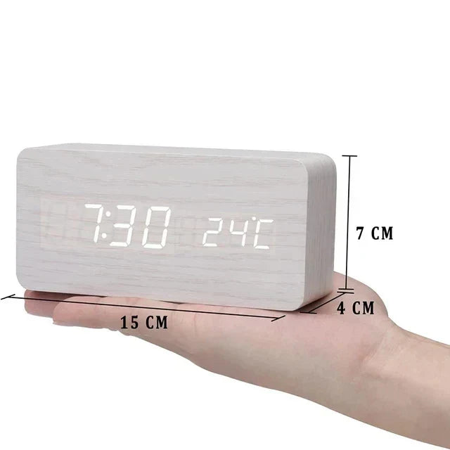 Wood-Effect LED Alarm Clock with Voice Control
