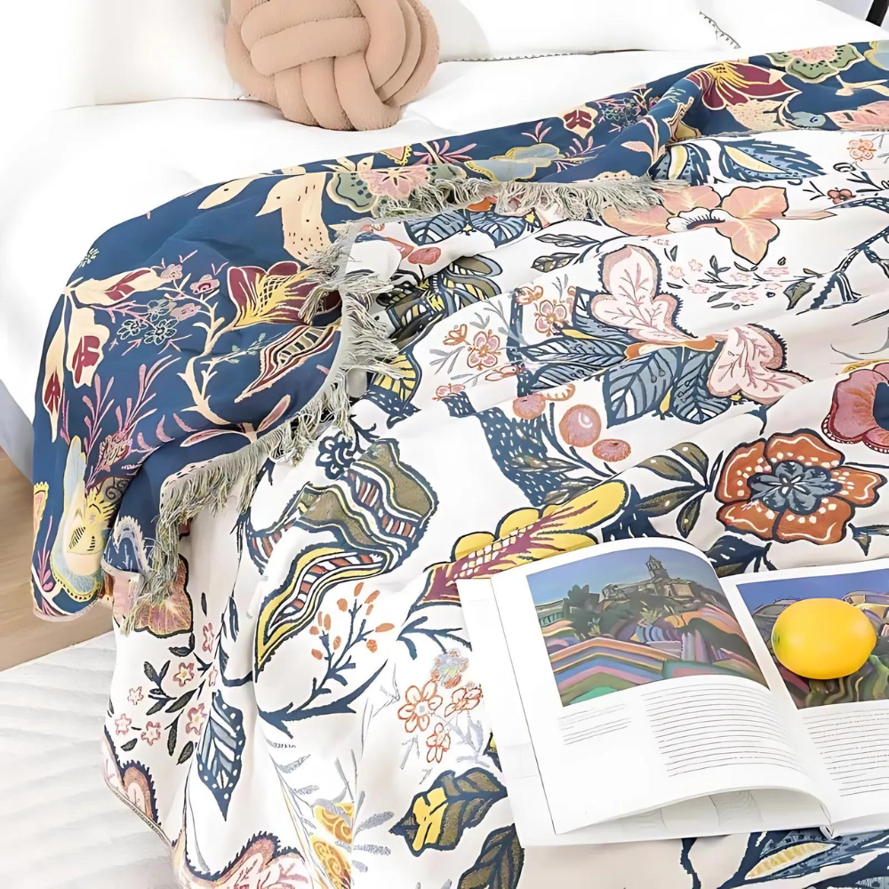 Artistic Flora Jacquard Blanket - 100% Cotton Throw