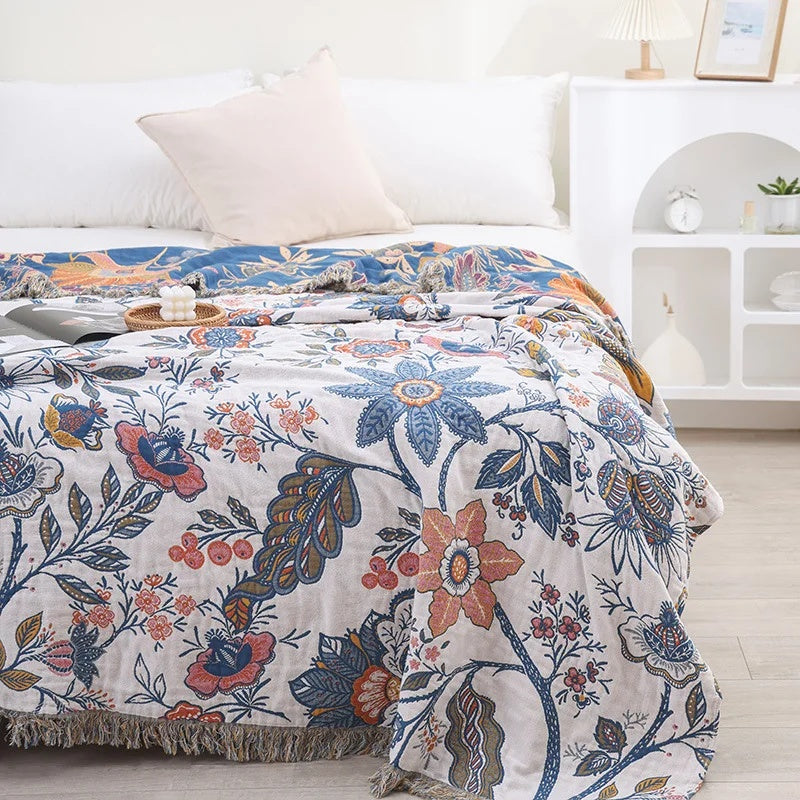 Artistic Flora Jacquard Blanket - 100% Cotton Throw
