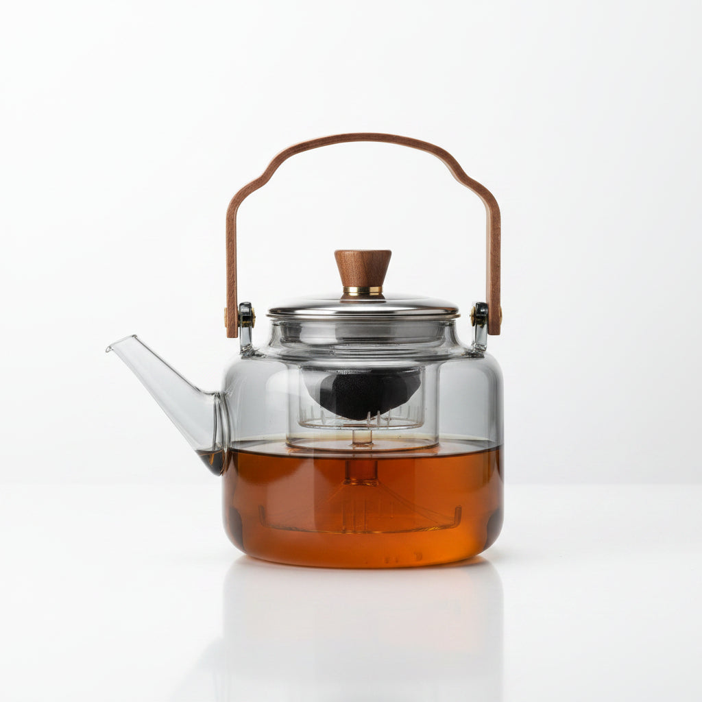 Borosilicate Glass Teapot - Walnut Handle, Japandi Style 0