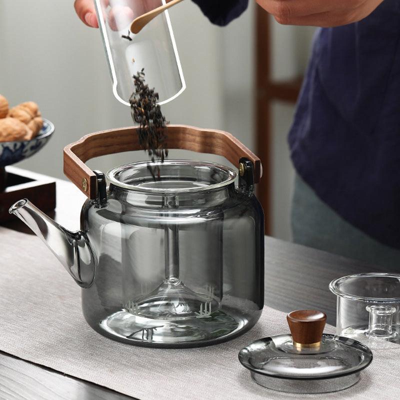 Borosilicate Glass Teapot - Walnut Handle, Japandi Style 1