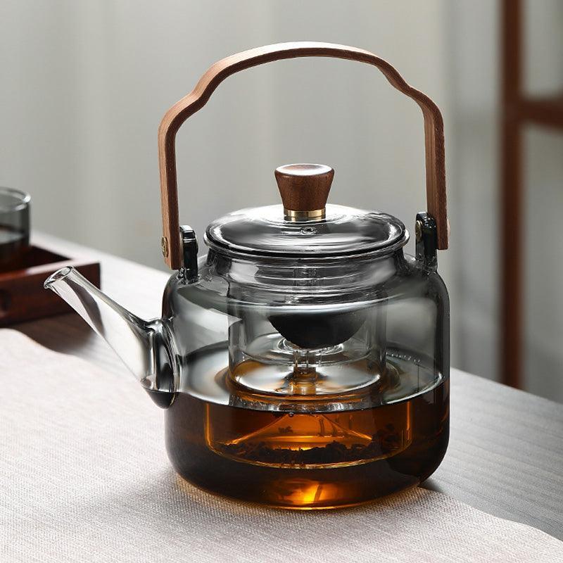 Borosilicate Glass Teapot - Walnut Handle, Japandi Style 4