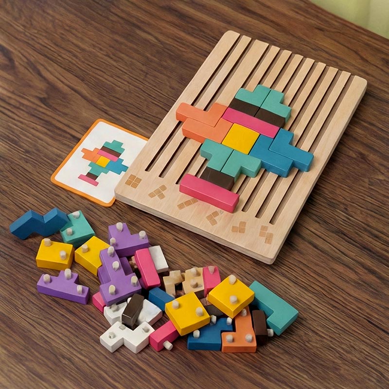 Casse-tête de formes en bois, 42 pièces et 10 cartes