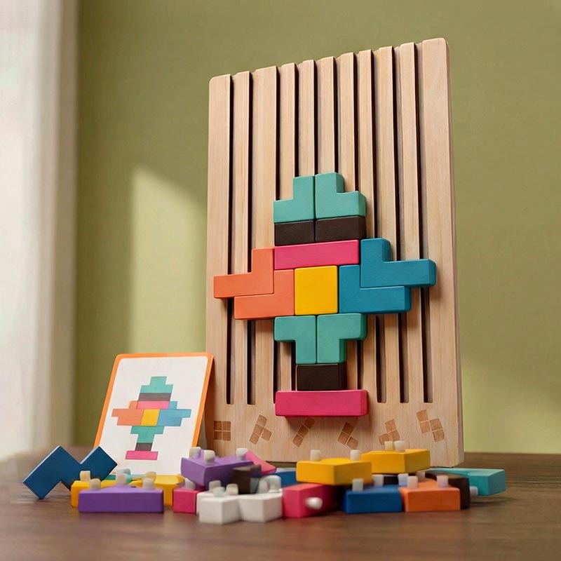 Casse-tête de formes en bois, 42 pièces et 10 cartes