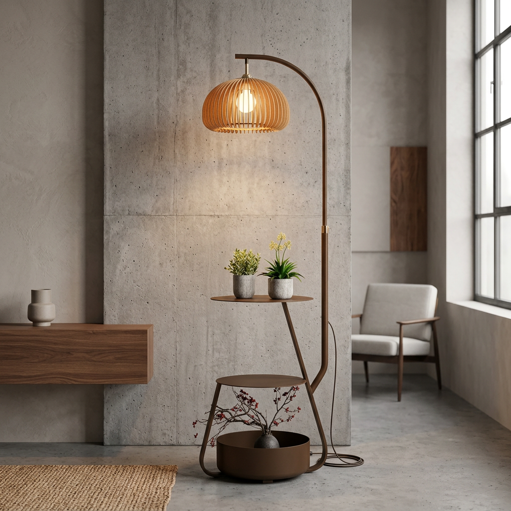 Bronze Arc Floor Lamp - Adjustable Timber Shade 1
