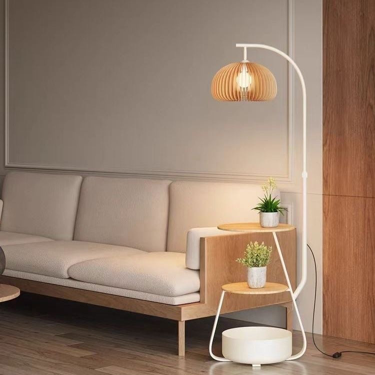 Bronze Arc Floor Lamp - Adjustable Timber Shade 3