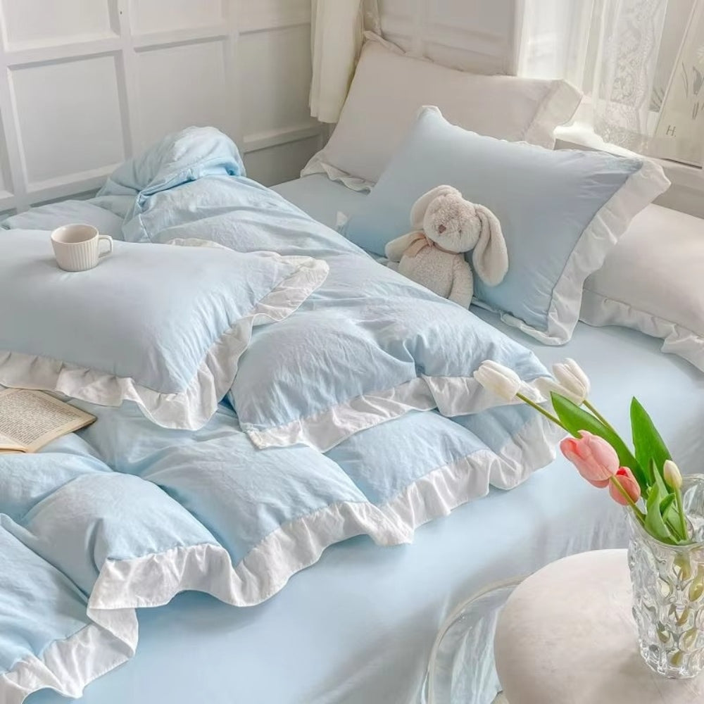Parure de Lit 4 Pièces en Coton à Volants