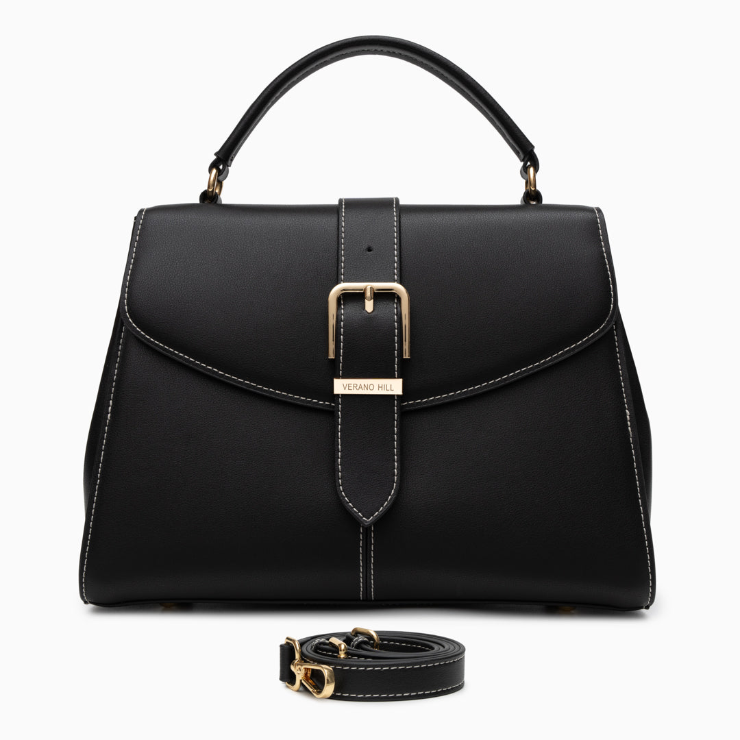 Black Structured Handbag with Flap and Top Handle