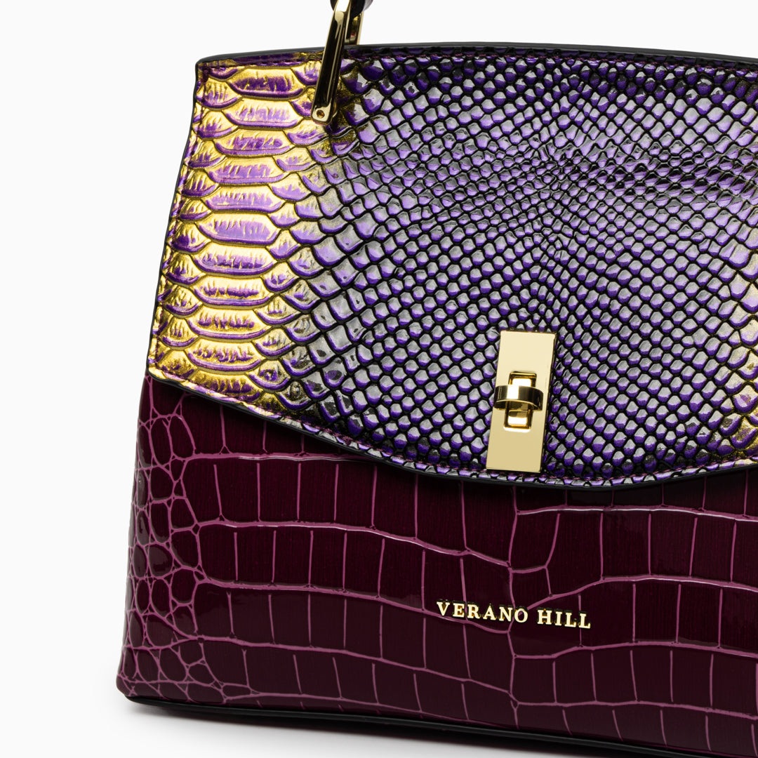Sac épaule effet croco à fermoir tournant doré