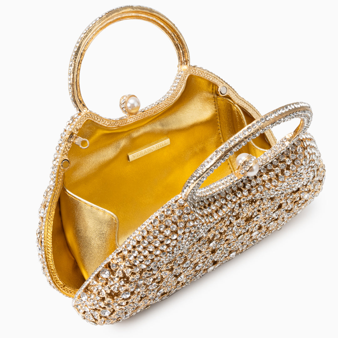 Pochette à strass motif floral et anse ronde
