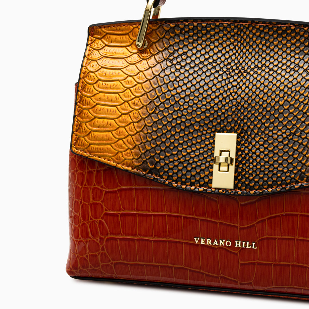 Sac épaule effet croco à fermoir tournant doré