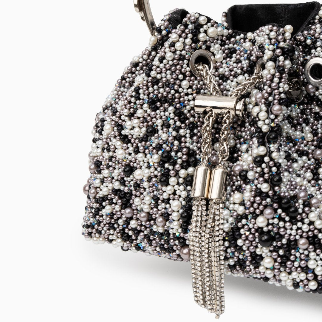 Sac seau à strass, perles et pompon métallique