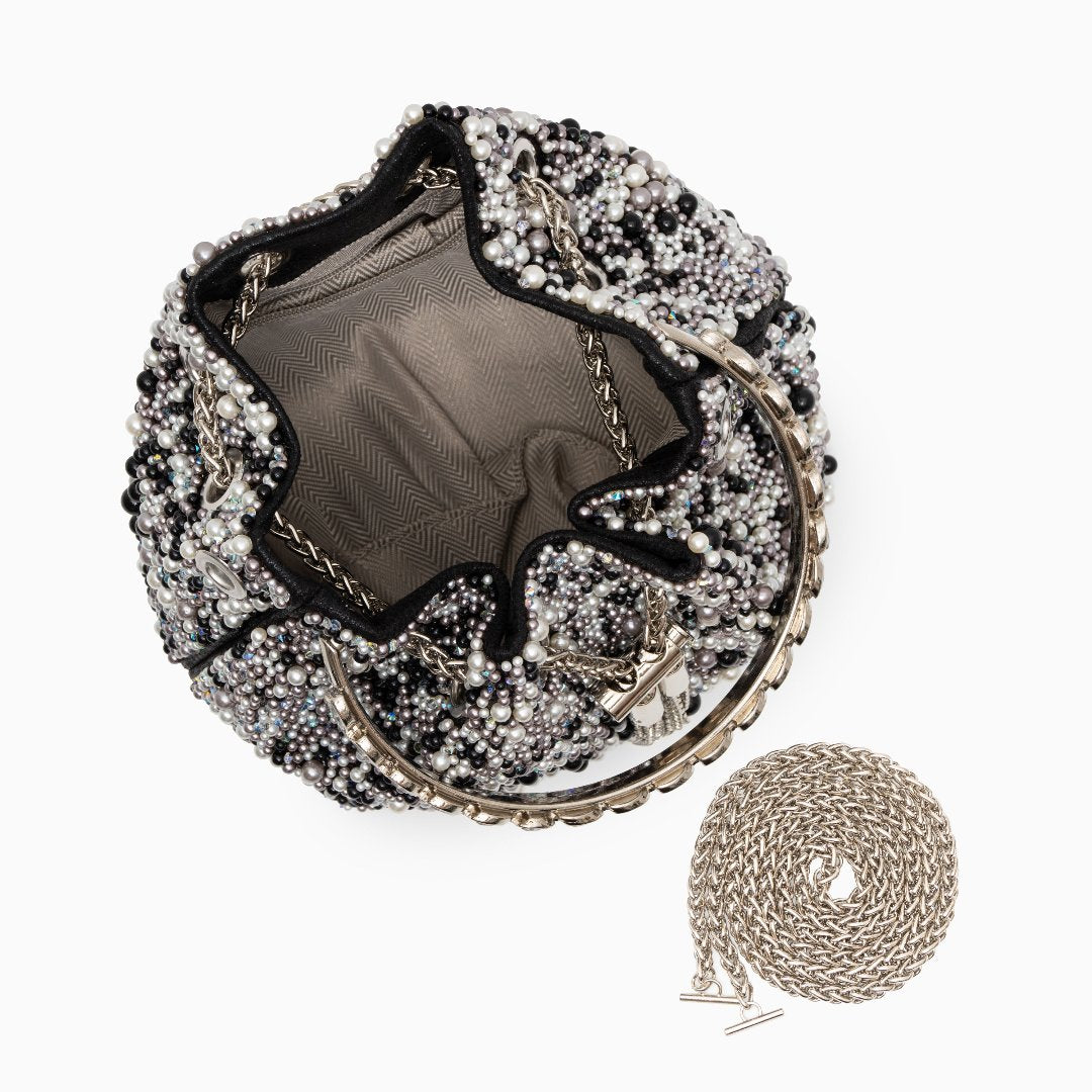 Sac seau à strass, perles et pompon métallique