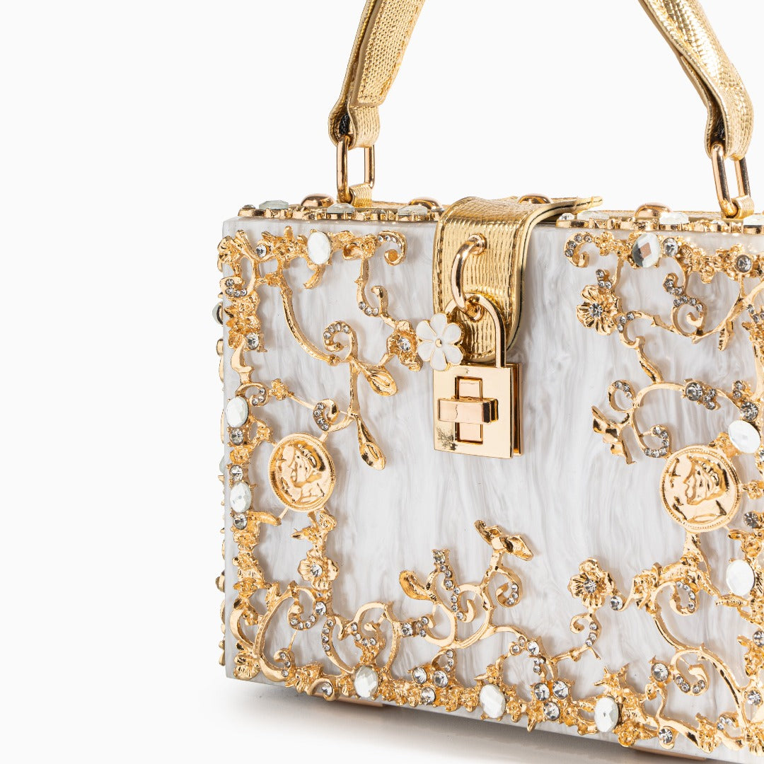 Sac boîte en acrylique à ornements floraux dorés