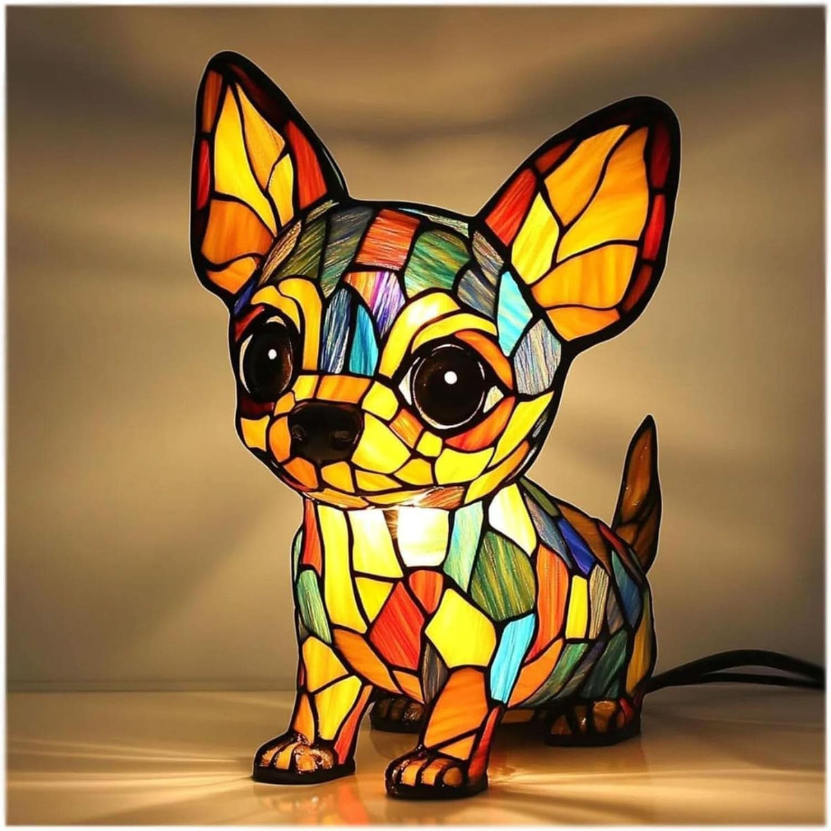 Lampe chien style vitrail, veilleuse LED en résine - Chihuahua