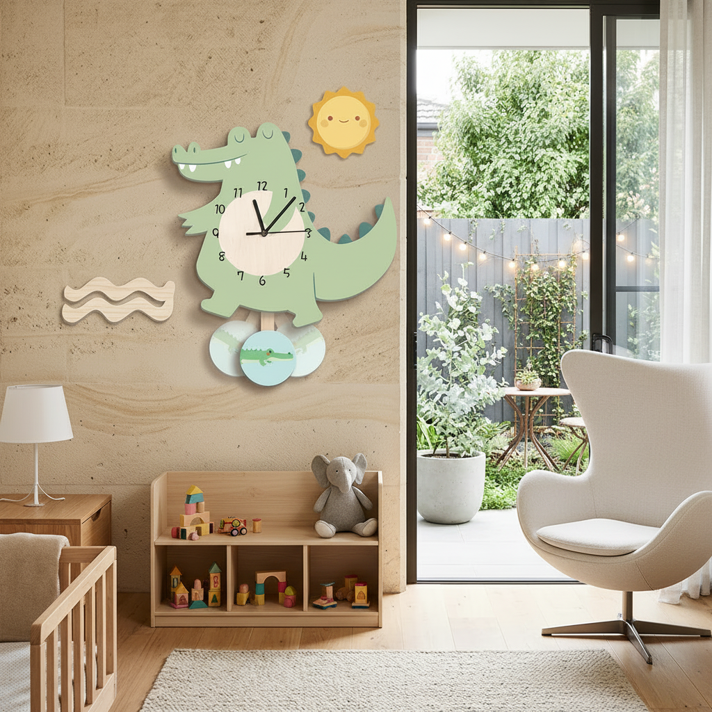 Eco-Friendly Engineered Wood Wall Clock - Interactive Crocodile Design 1