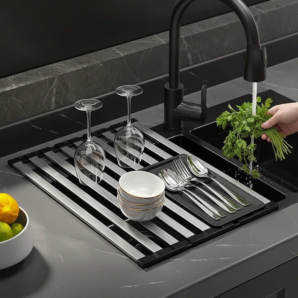 Égouttoir à Vaisselle Pliable en Acier Inoxydable | Design Élégant et Pratique pour un Rangement Optimisé 3