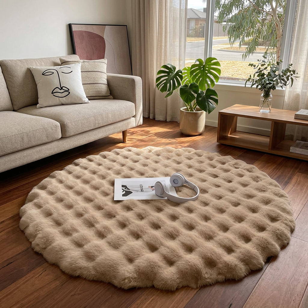 Tapis Rond Douillet Imitation Fourrure Texturée
